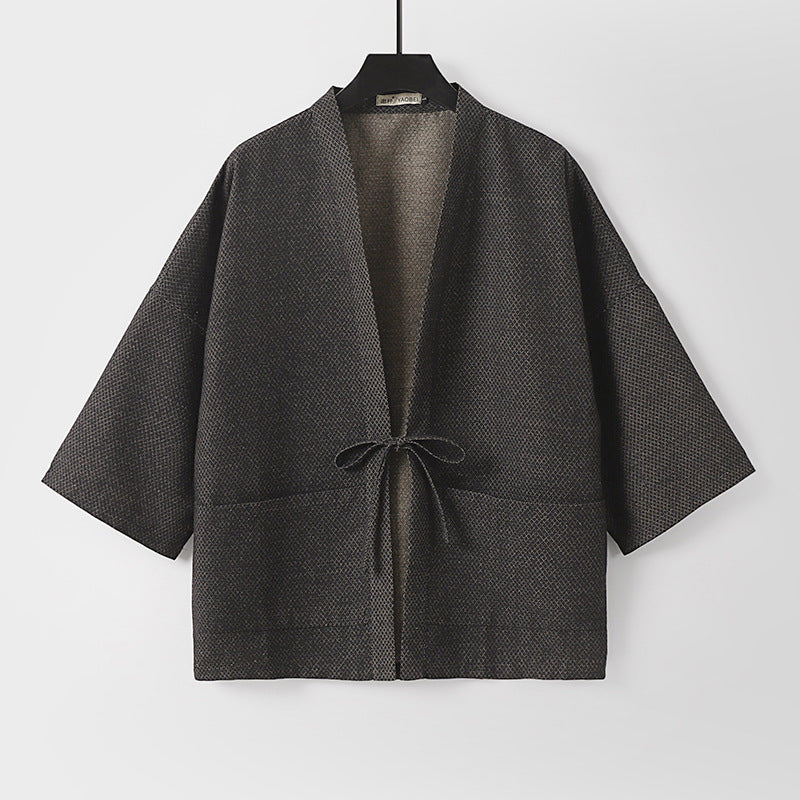 Men's Loose Kimono Cardigan made of textured cotton blend with short sleeves and tie Chichicherry
