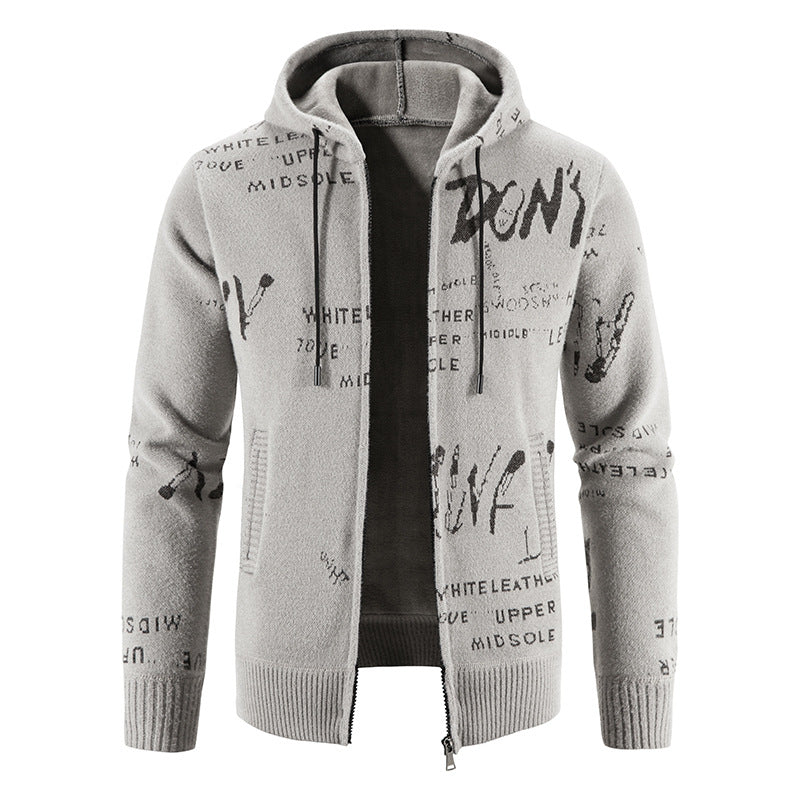 Men's knitted hooded jacket with full-length zipper, graphic all-over print, and side pockets Chichicherry