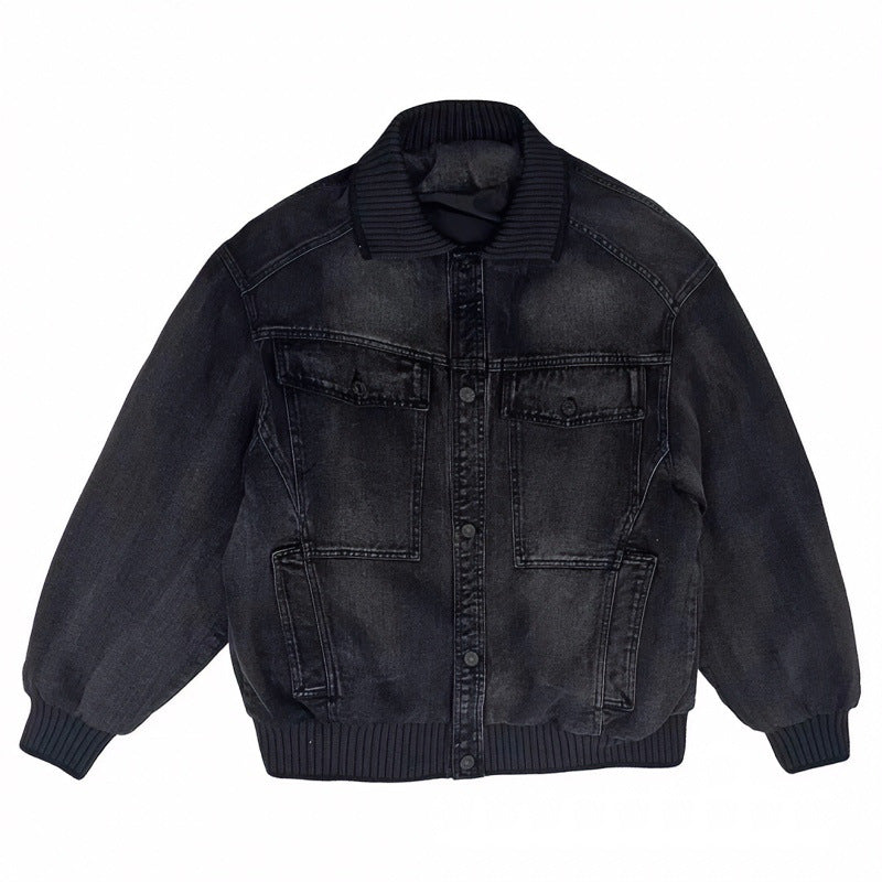 Herren Weitgeschnittene Jeansjacke mit geripptem Kontrastkragen und Vintage-Waschung Chichicherry