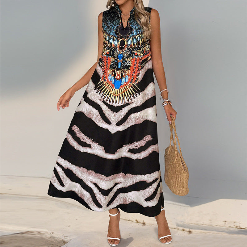 Women's Sleeveless Maxi Dress with Statement Neck Print, Ethnic Motif and Flared A-Line Silhouette Chichicherry