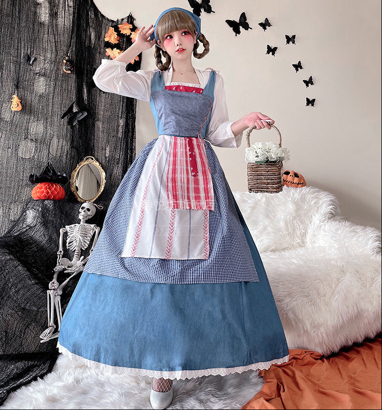 Ladies Vintage Apron Dress with Flowing Skirt and Delicate Ruffle Details Chichicherry