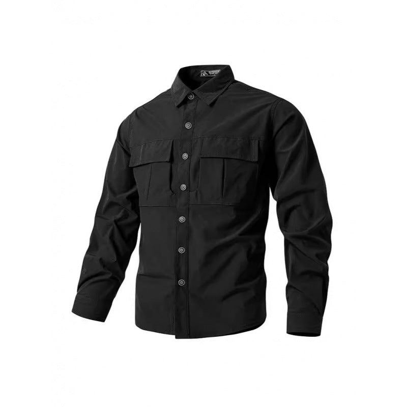 Men's Light Shirt Jacket in Utility Style with Patch Chest Pockets and Button Placket Chichicherry