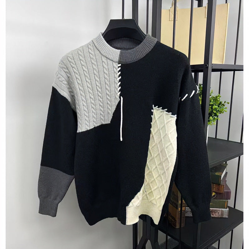 Unisex Patchwork-Oversize-Strickpullover mit Zopf- und Rautenmuster, dekorativen Kontrastnähten und Rundhalsausschnitt Chichicherry