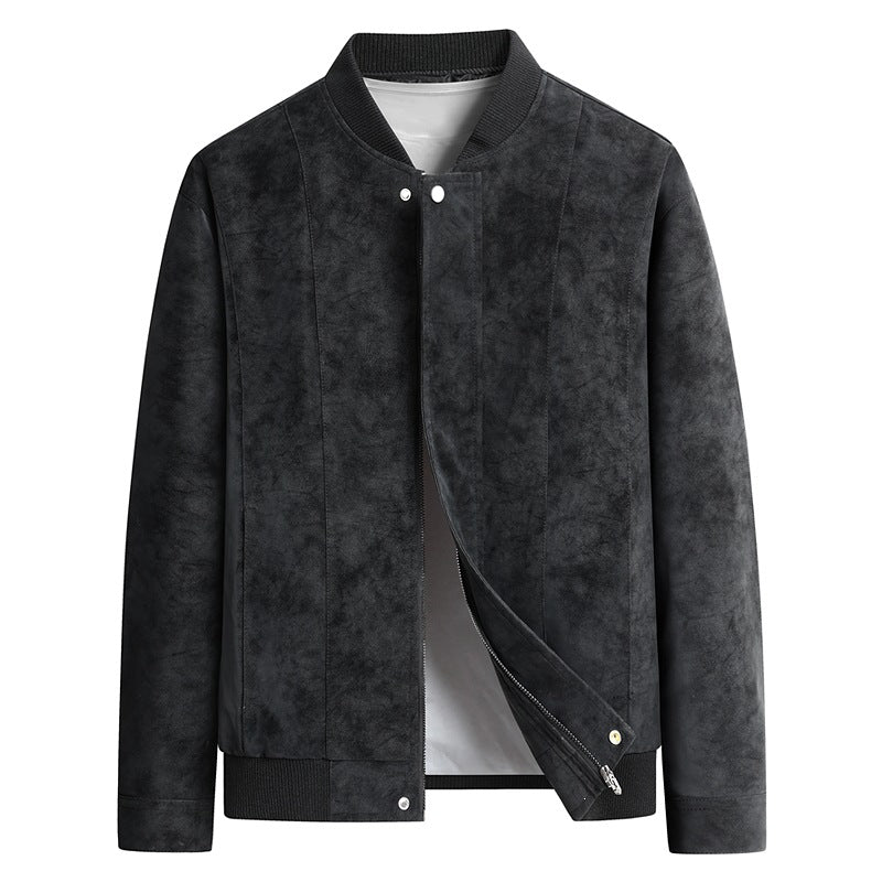 Men's Suede Optic Bomber Jacket with Vertical Quilt Seams and Ribbed Collar Chichicherry