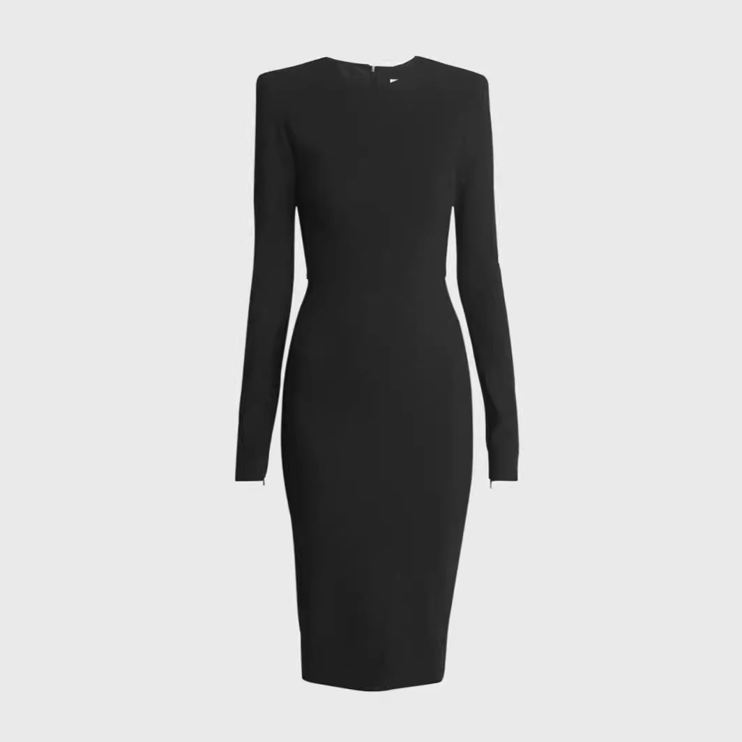 Women's Figure-hugging Midi Dress with Round Neckline and Long Sleeves Chichicherry