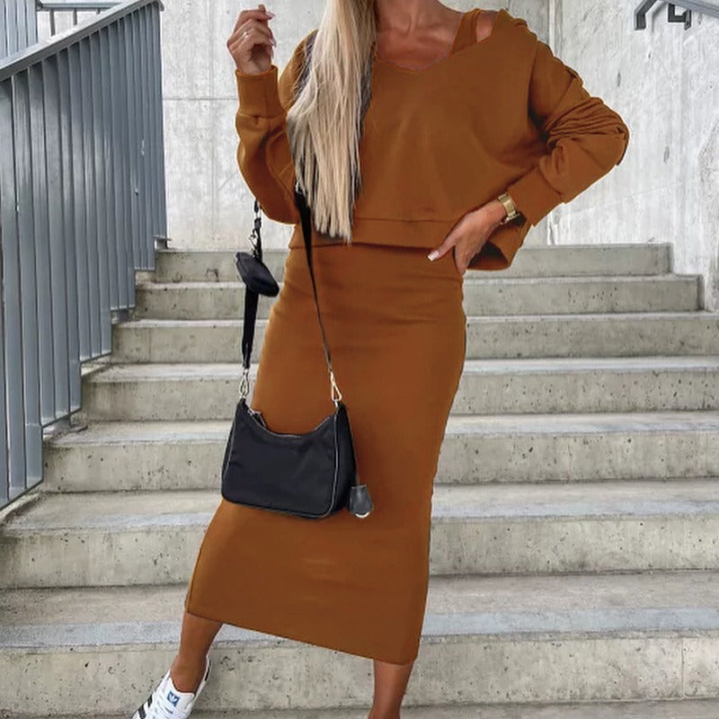 Damen Casual-Set Cropped-Sweatshirt mit Cut-Out-Trägern und High‑Waist Midirock aus Stretch-Fleece Chichicherry