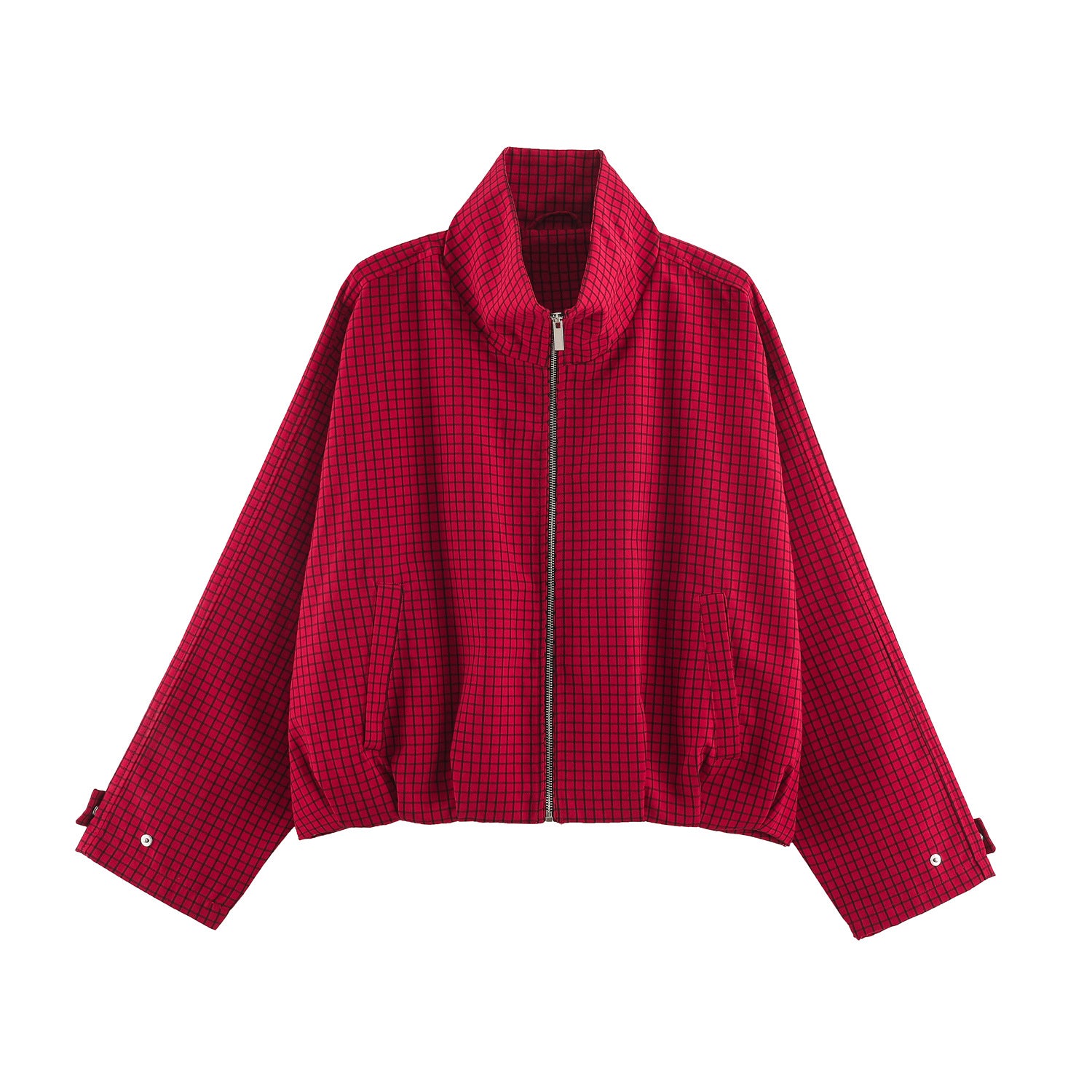 Women's short-cut boxy blouson with stand-up collar, check pattern and zipper Chichicherry