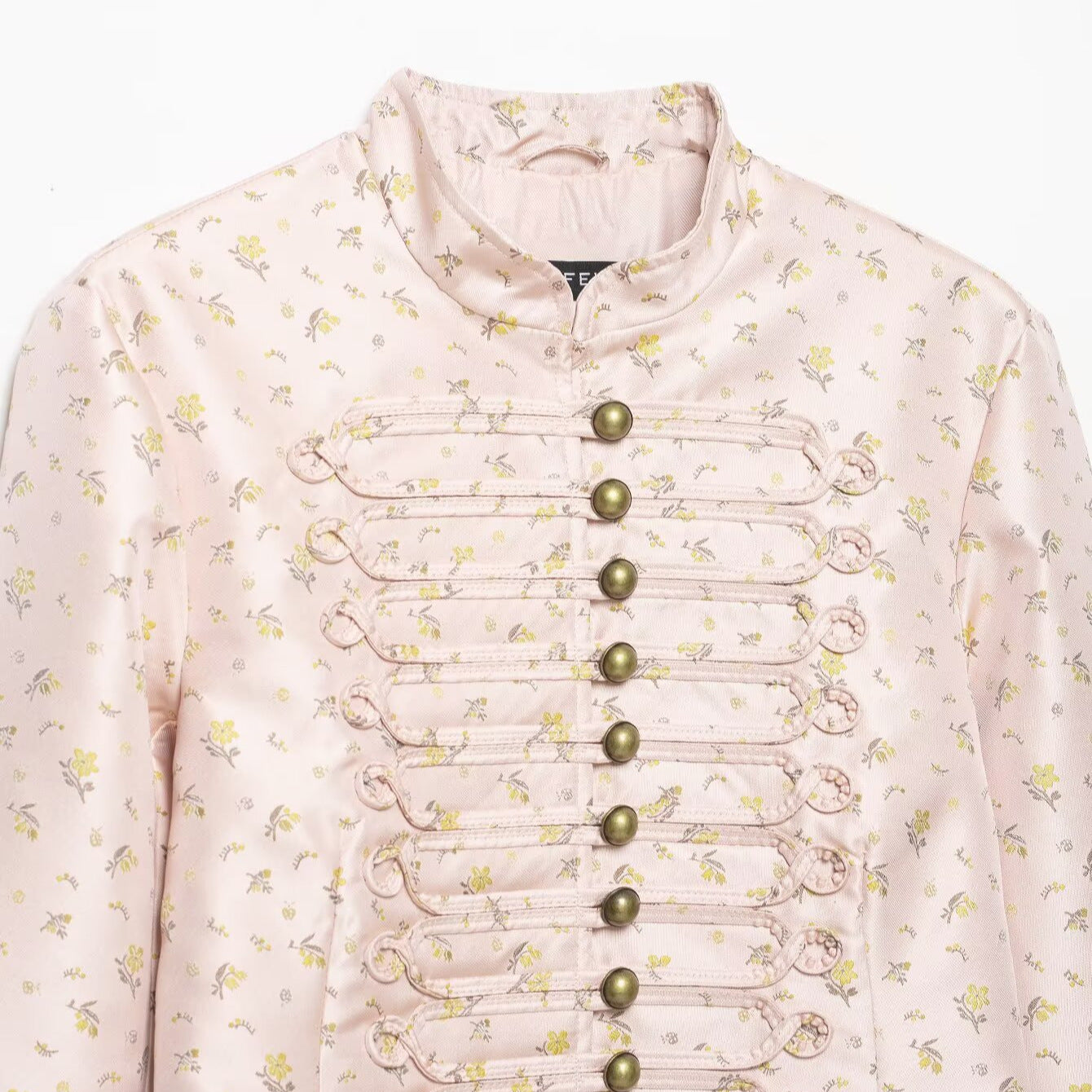 Women Cropped Satin Military Jacket with Stand-Up Collar and Decorative Frog Closure Chichicherry