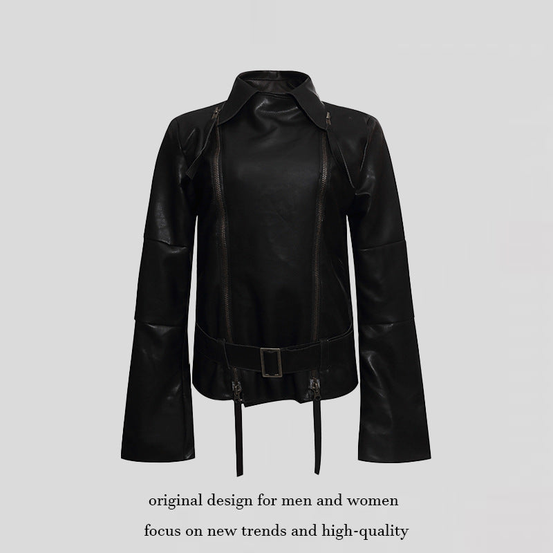 Women's Faux Leather Bondage Jacket with Extended Sleeves, Double Zippers and Waist Belt Chichicherry