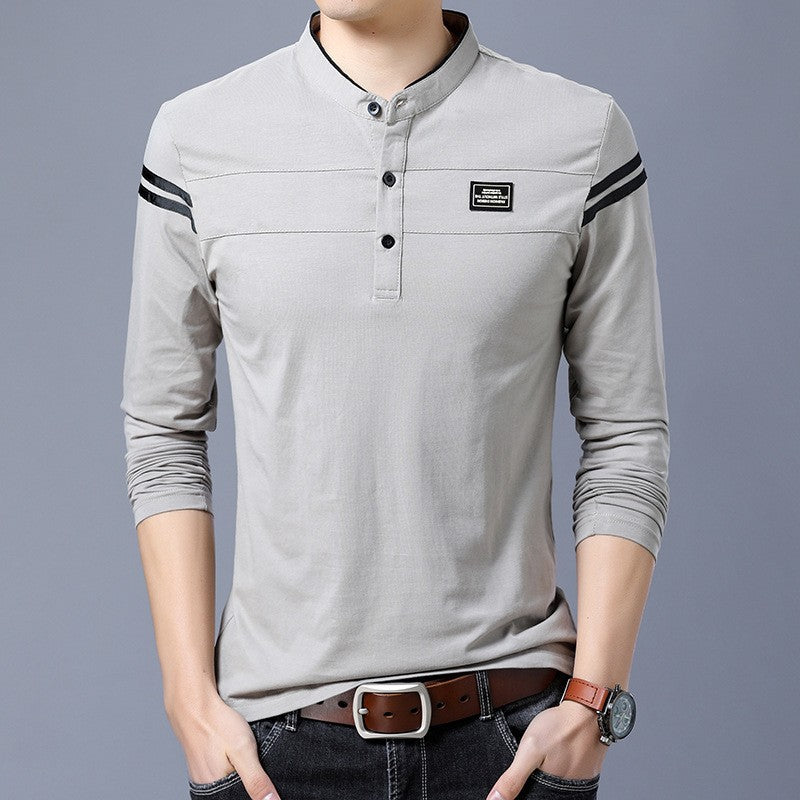 Men's Slim-Fit Long Sleeve Henley with Stand Collar and Shoulder Stripes Chichicherry