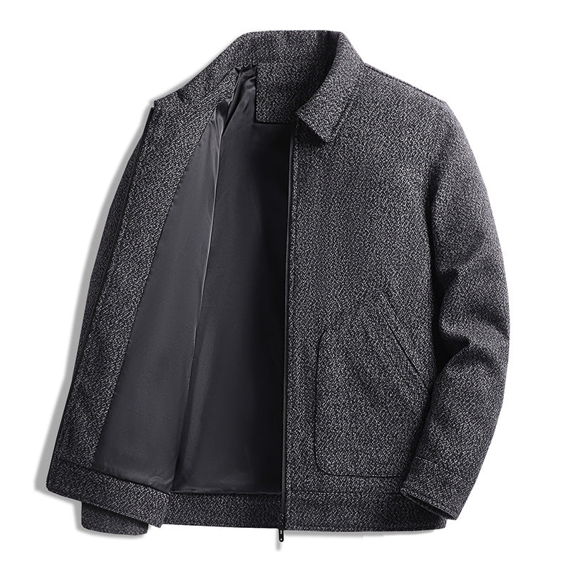 Men's Wool Blend Short Jacket with Shirt Collar and Finely Textured Tweed Look Chichicherry
