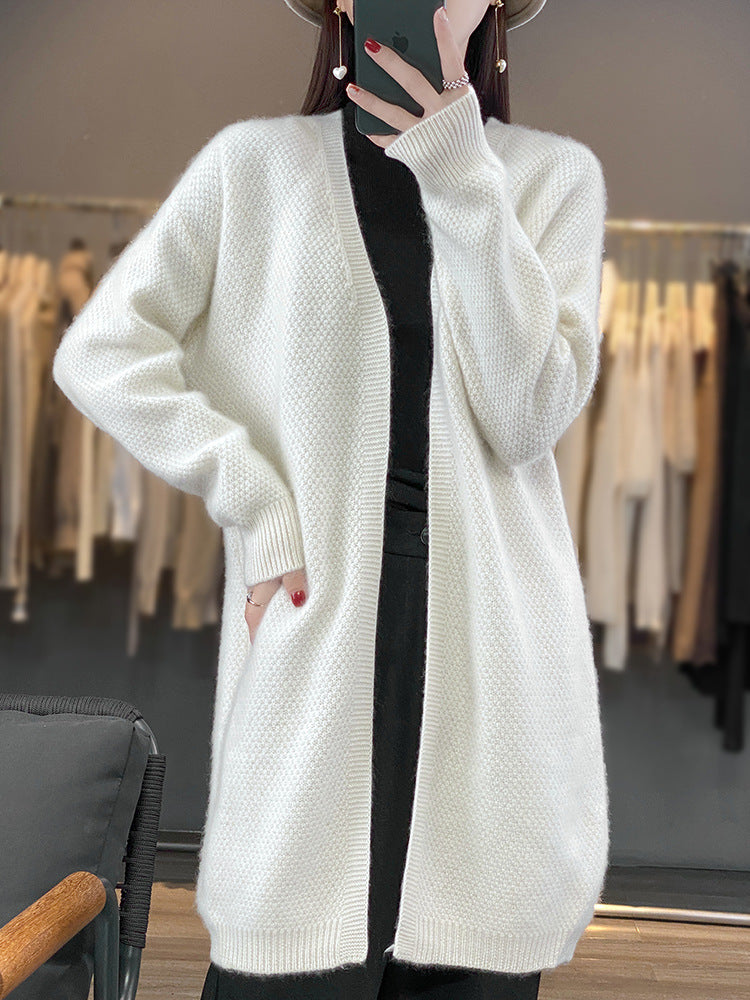Ladies Long Open Knit Cardigan with Seed Pattern and Ribbed Finishes Chichicherry