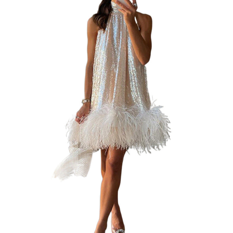 Women's sequin dress with feather trim and stand-up collar Chichicherry