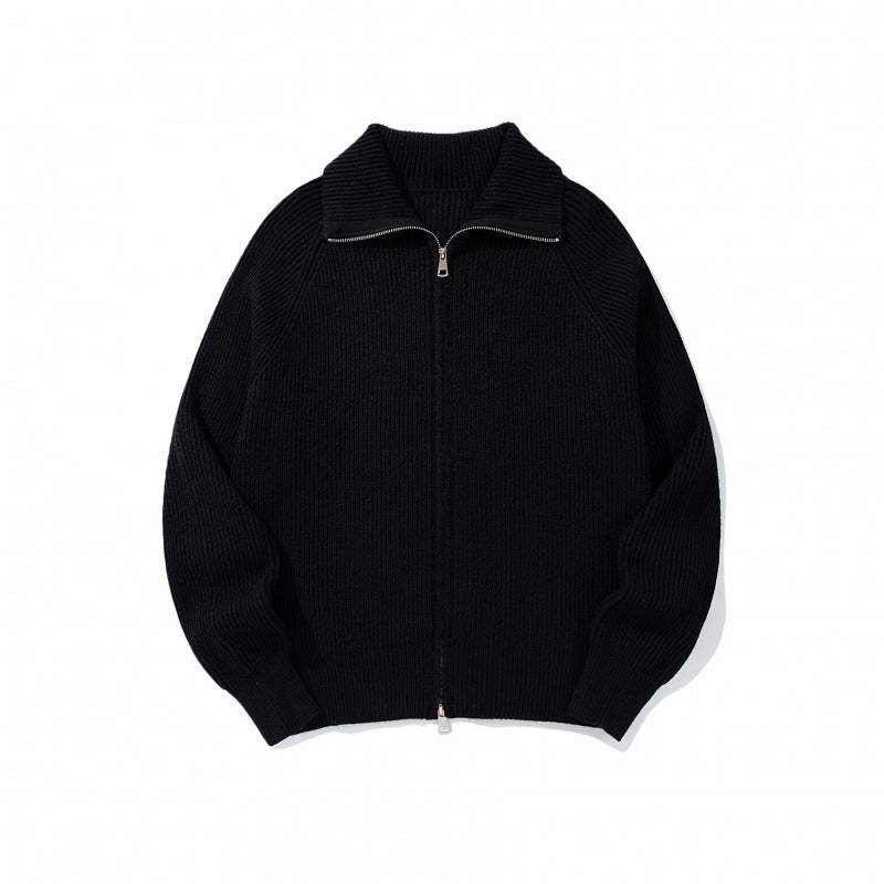 Unisex Ribbed Zip Cardigan with Stand-Up Collar, Raglan Sleeves and Two-Way Zipper Chichicherry