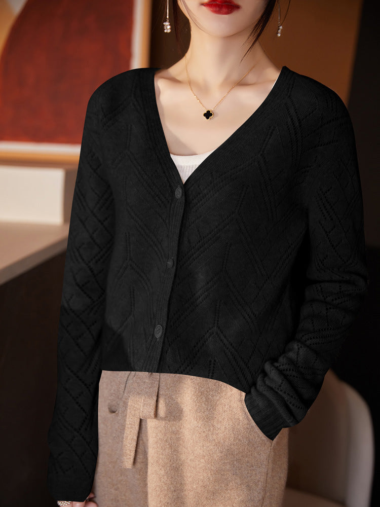 Women’s Light Openwork Cardigan with Geometric Hole Structure and Boxy Short Shape Chichicherry