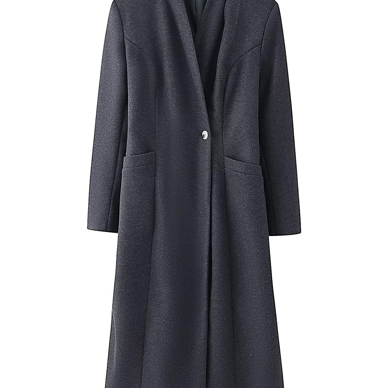 Ladies Elegant Wool Blend Long Coat with Shawl Collarless Look and Single Button Closure Chichicherry