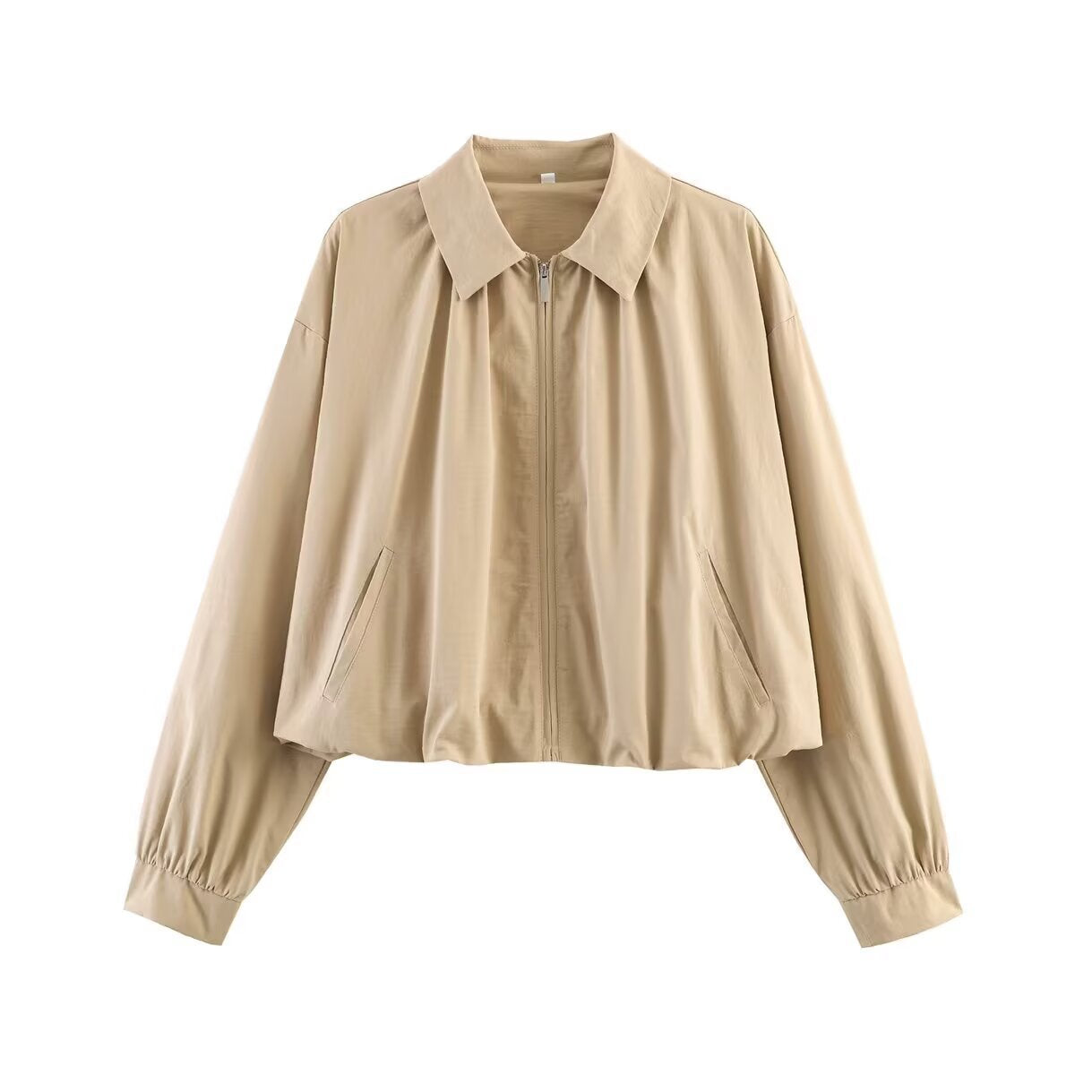 Women's cropped blouse with shirt collar, front zipper and gathered sleeve cuffs Chichicherry