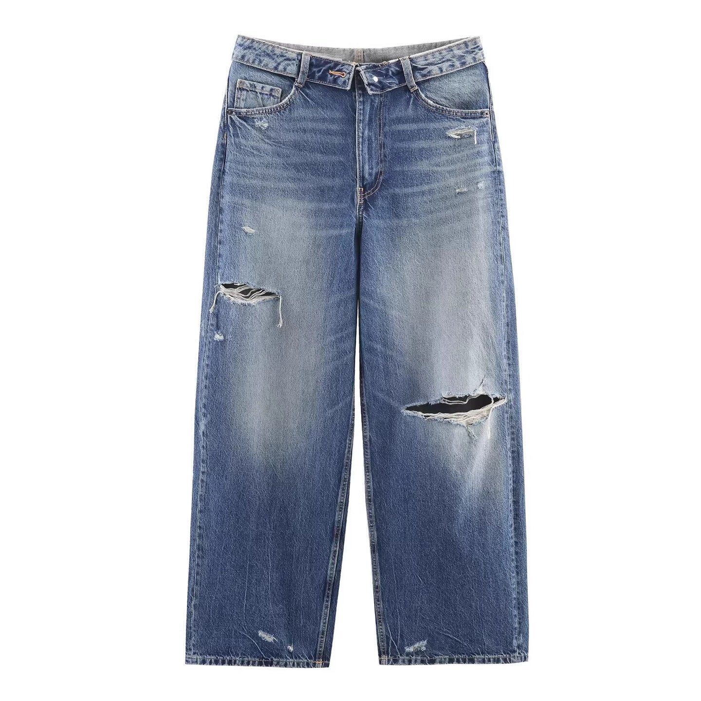 Ladies Wide Destroyed Jeans with High Waist and Straight Leg Chichicherry