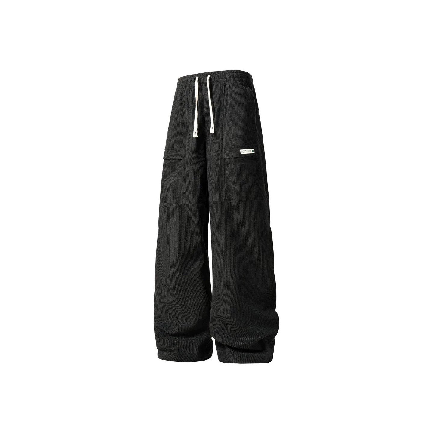 Men's Wide Cord Cargo Pants with Drawstring Waist, Flap Pockets & Ribbed Texture Chichicherry