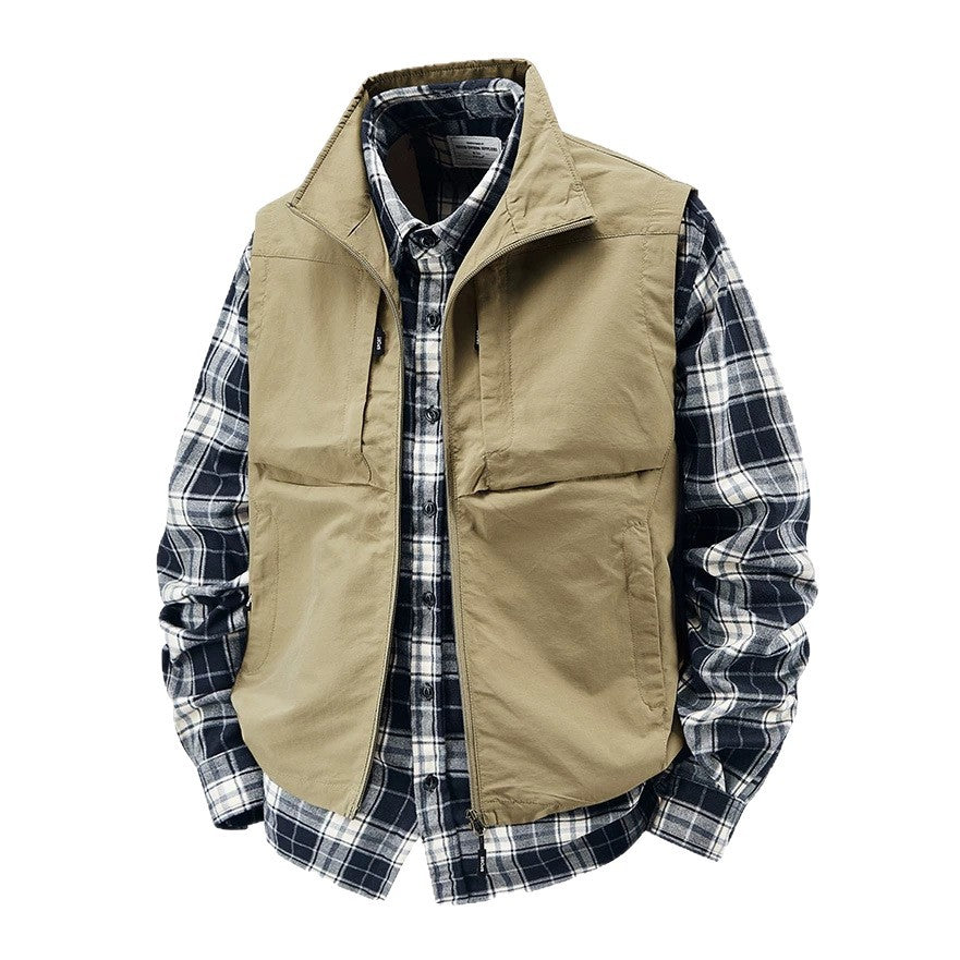 Men's Multifunctional Canvas Vest with Front and Chest Pockets and Adjustable Hem Chichicherry