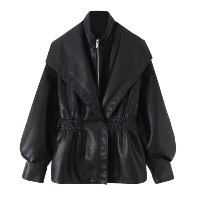 Women's Faux Leather Jacket with Wide Shawl Collar and Gathered Waistband Chichicherry