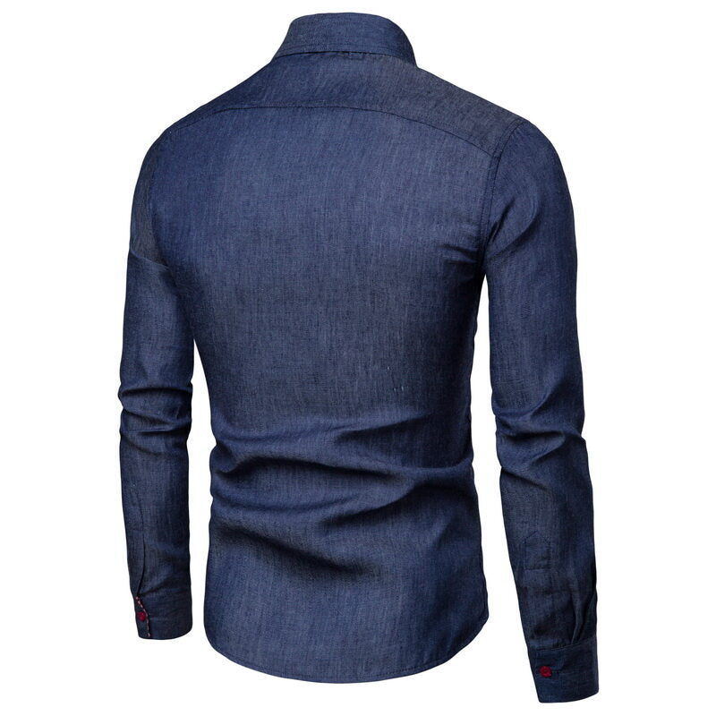 Men's Slim-Fit Stretch Denim Shirt with Check Collar and Decorative Chest Strip Chichicherry