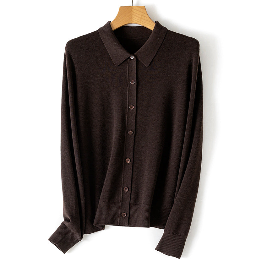 Women Fine Knit Cardigan with Shirt Collar and Continuous Button Placket Chichicherry