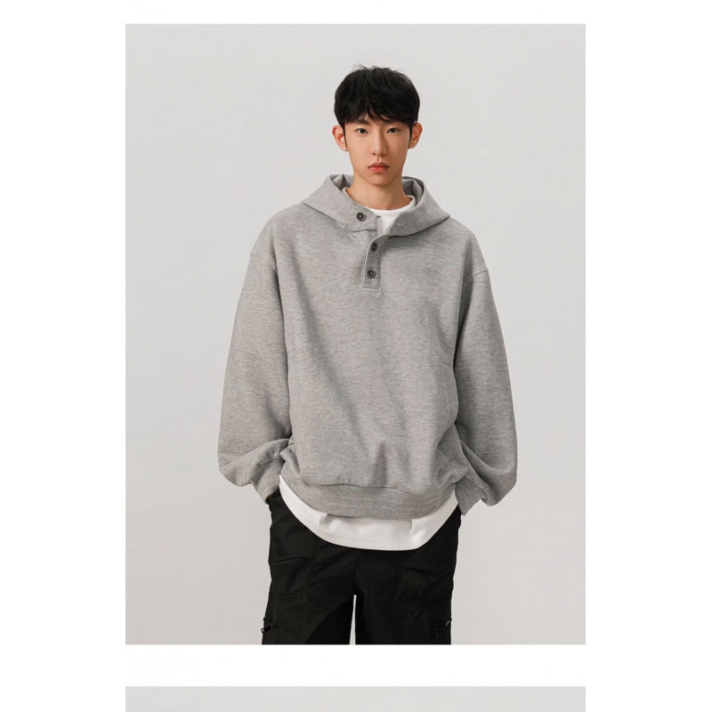Herren Oversized Kapuzenpullover mit 3‑Knopf‑Leiste und seitlichen Eingrifftaschen Chichicherry