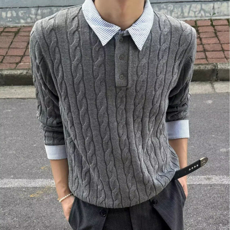 Herren Kabelstrickpullover mit Hemdkragen-Layering-Effekt Chichicherry