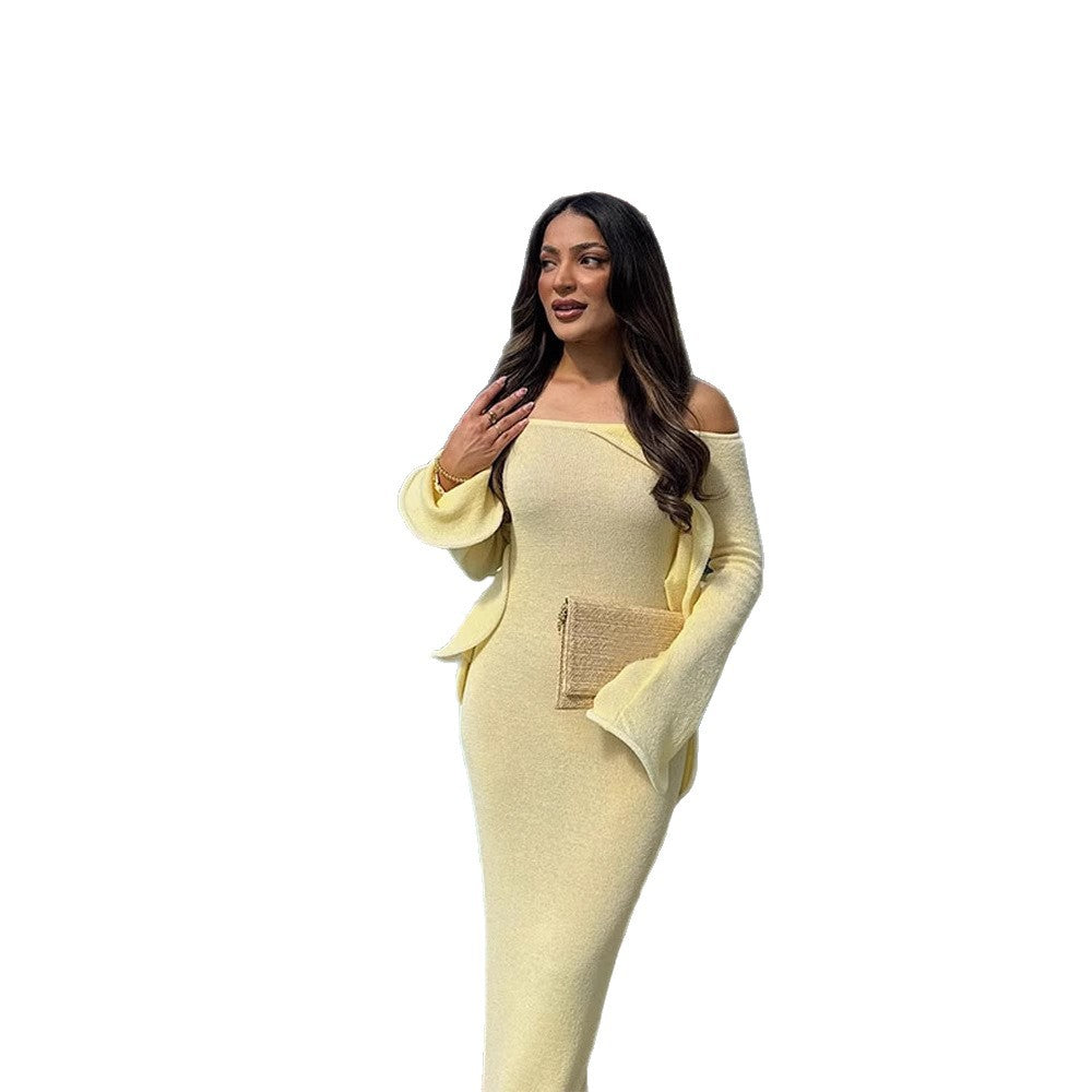 Women's Figure-Hugging Knit Maxi Dress with Off-the-Shoulder Neckline and Flared Sleeves Chichicherry