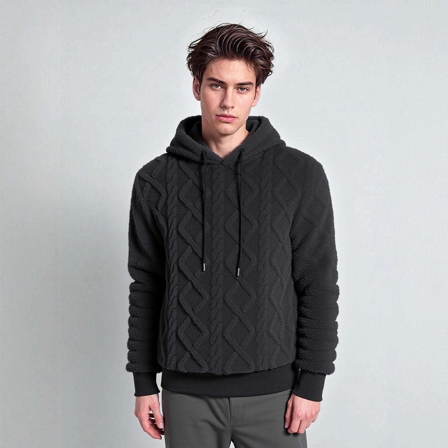 Men's teddy fleece hoodie with diamond structure, lined hood, and soft ribbed cuffs Chichicherry
