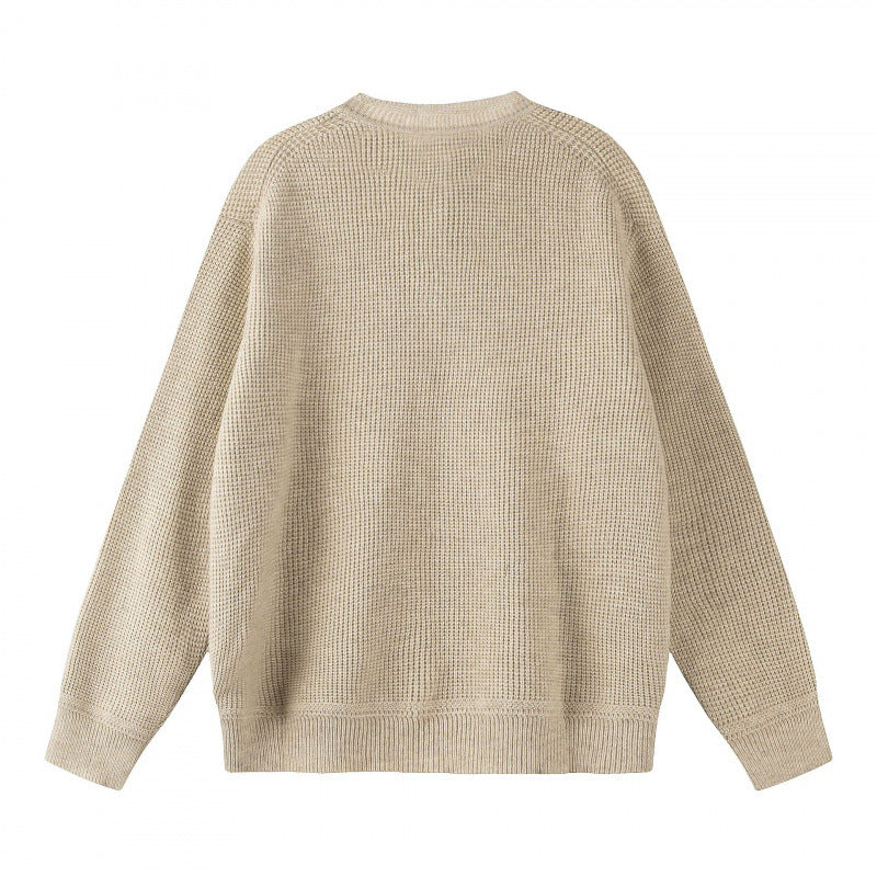 Unisex Boxy knit sweater with Henley neckline and textured waffle knit look Chichicherry