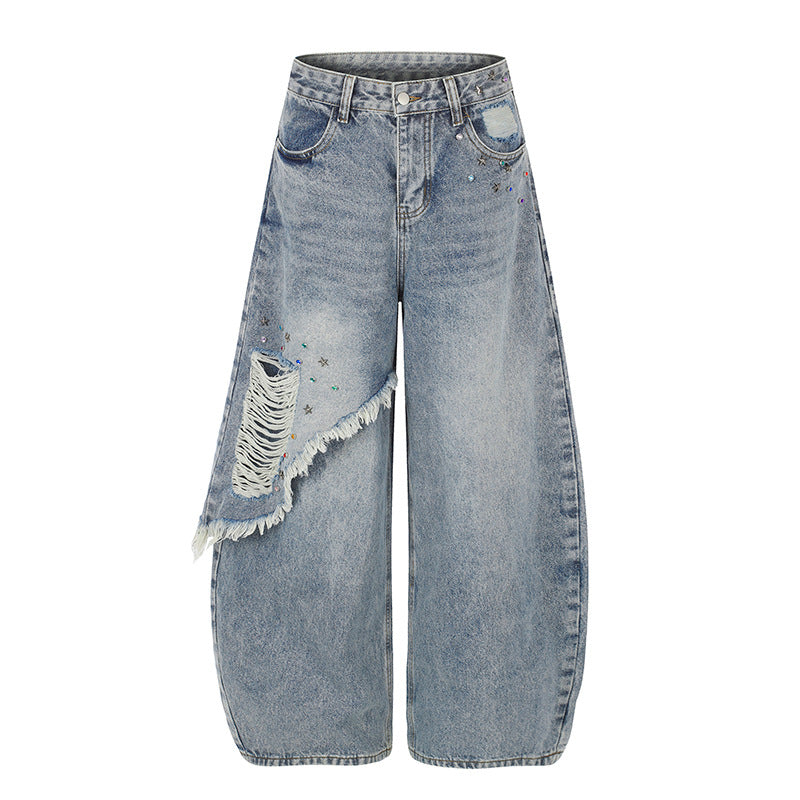 Women's high-waist wide palazzo jeans with asymmetric fringe detail and rhinestone application Chichicherry