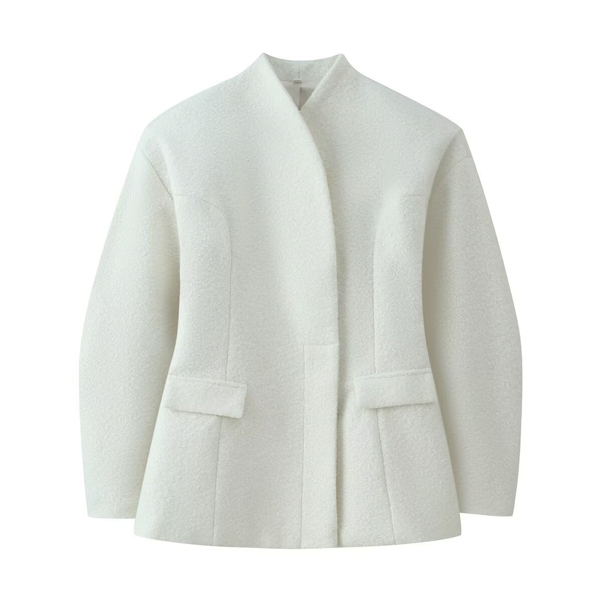 Women's Boucle Short Jacket with Boxy Silhouette, Concealed Button Placket and Flap Pockets Chichicherry