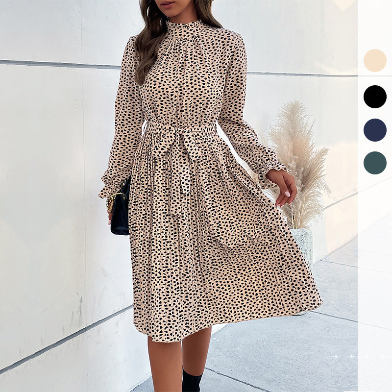 Women's midi dress with stand-up collar, gathered yoke and tie belt Chichicherry