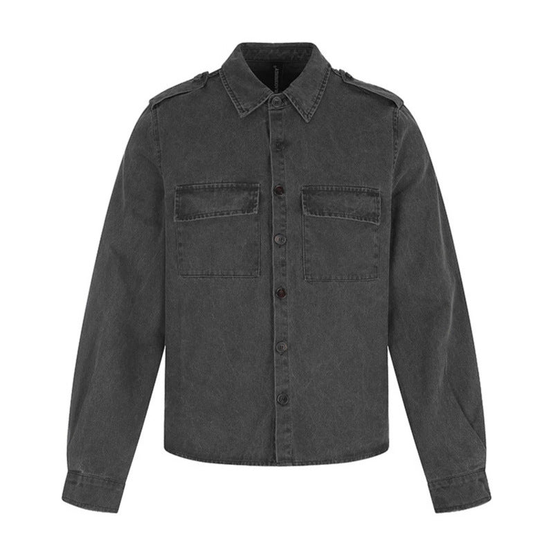 Women's Oversized Utility-Style Denim Shirt Jacket with Shoulder Straps and Patch Chest Pockets Chichicherry