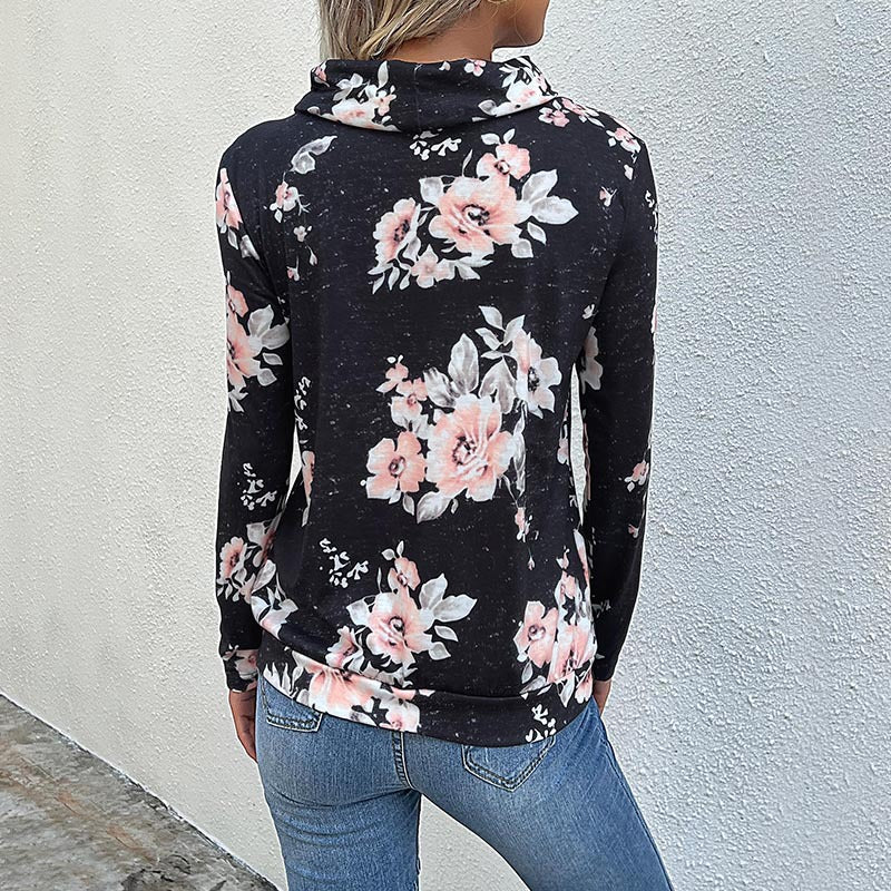 Women's Funnel Neck Sweatshirt with Floral Allover Print and Drawstring Chichicherry