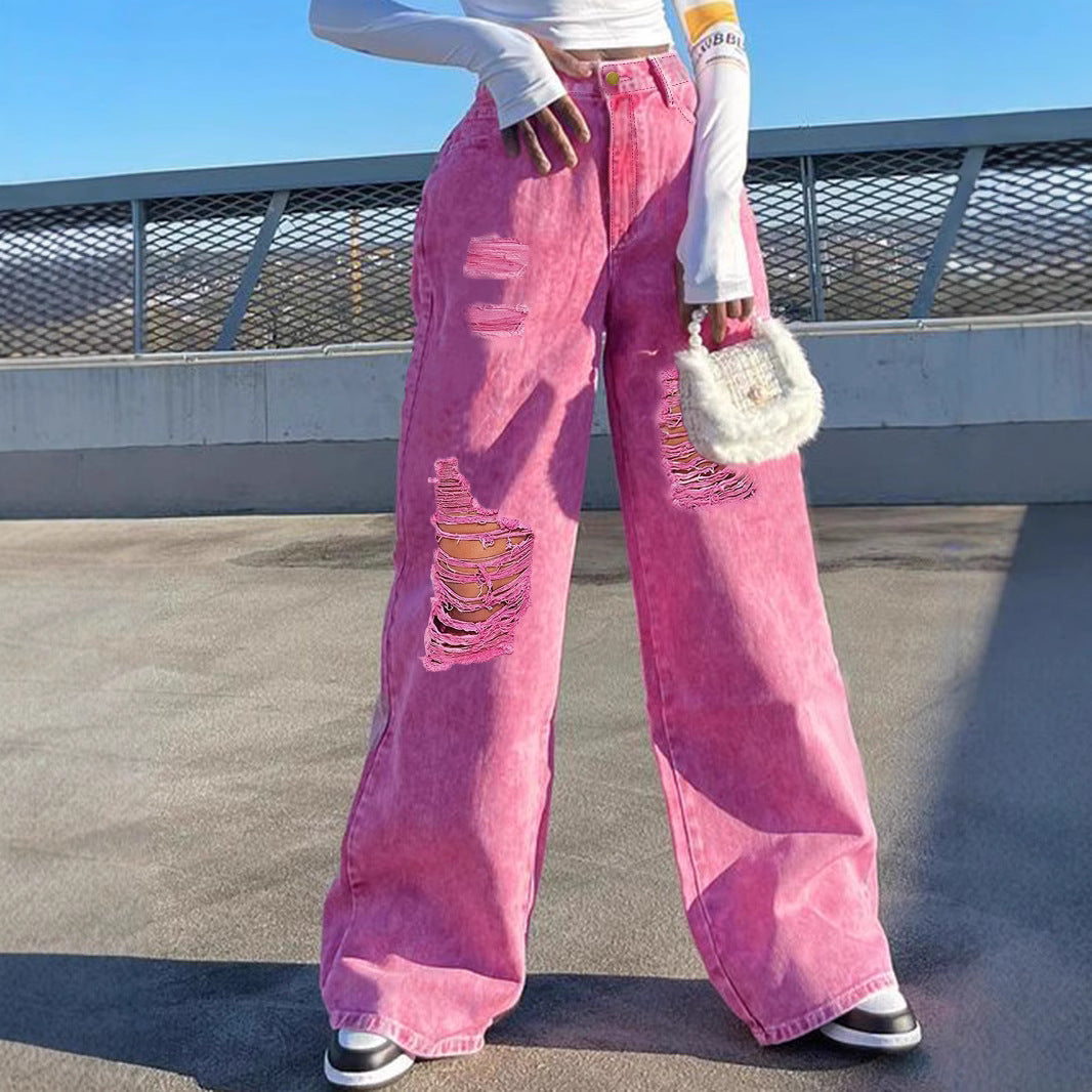 Women High-Waisted Wide Denim Palazzo Pants with Eye-Catching Ripped Inserts Chichicherry