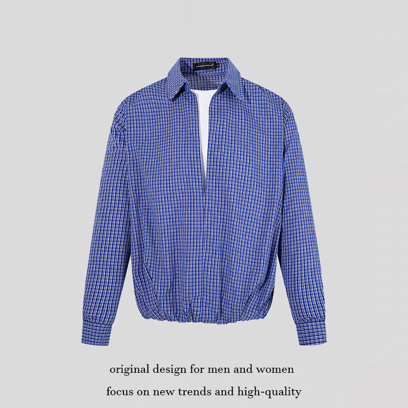 Men's Overshirt Blouson in Check Pattern with Elastic Waistband and Shirt Collar Chichicherry
