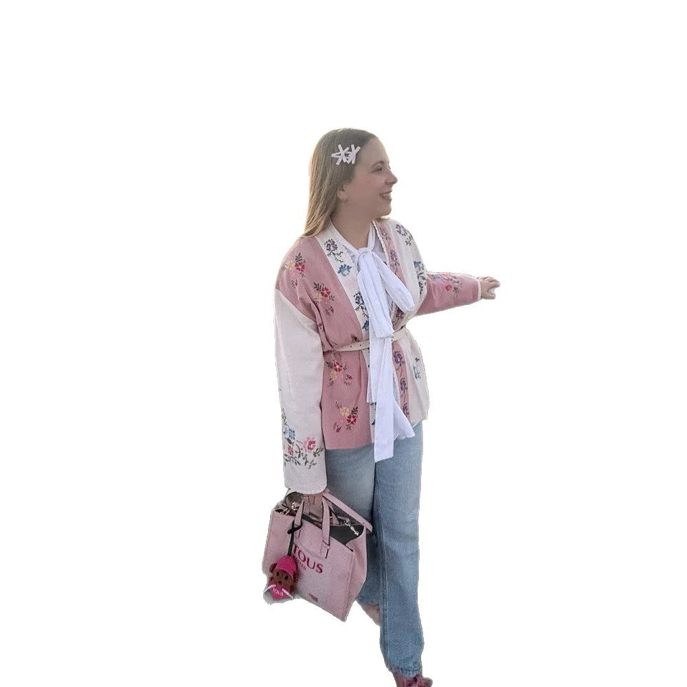 Women Embroidered Lightweight Kimono Jacket with Floral Appliqués and Open Fall Chichicherry
