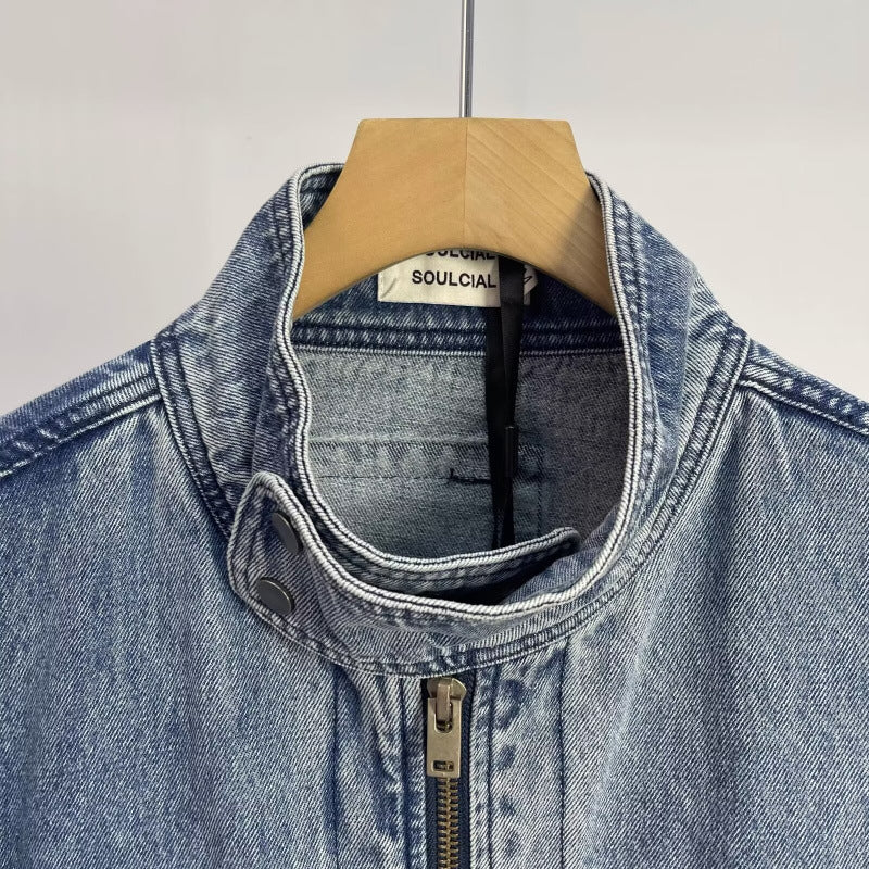 Herren Relaxed Denim-Utility-Jacke mit Stehkragen und kontrastierter Brusttasche Chichicherry