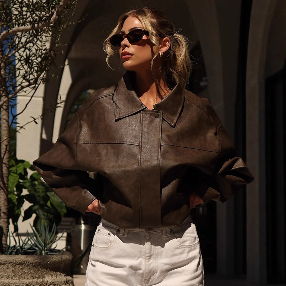 Women Boxy Cropped Faux Leather Blouson with Oversized Shoulder Chichicherry