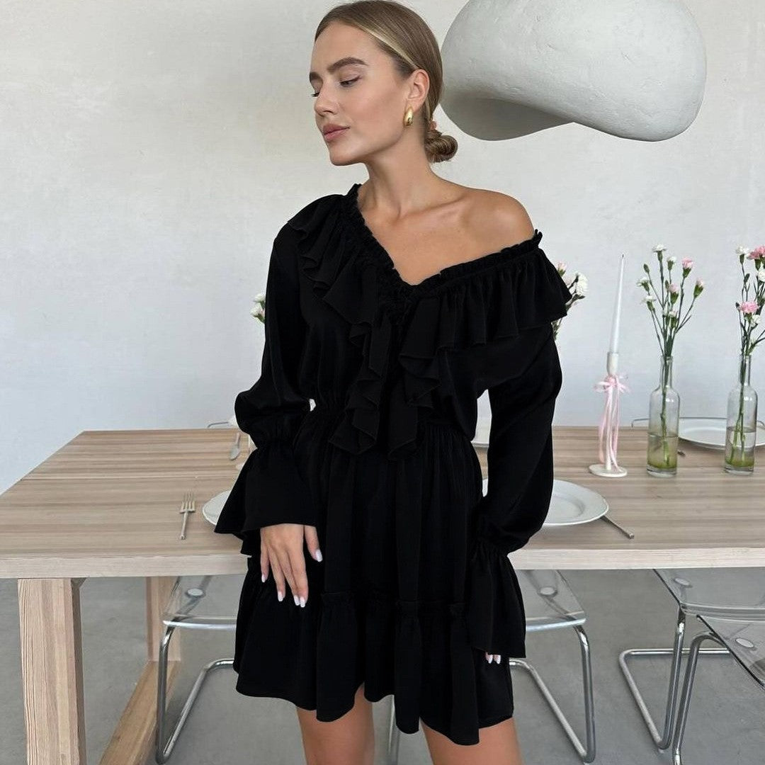 Damen Verspieltes Rüschen-Kurzkleid mit V-Ausschnitt, geraffter Taille und Stufensaum Chichicherry