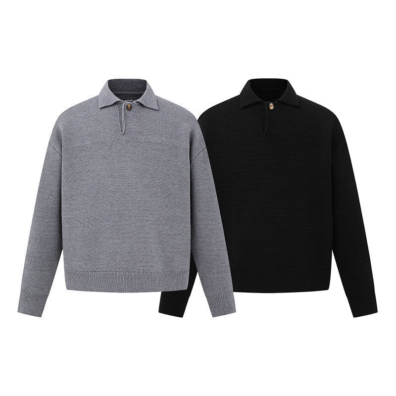 Men's Boxy Knit Sweater with Polo Collar and Half Button Placket Chichicherry