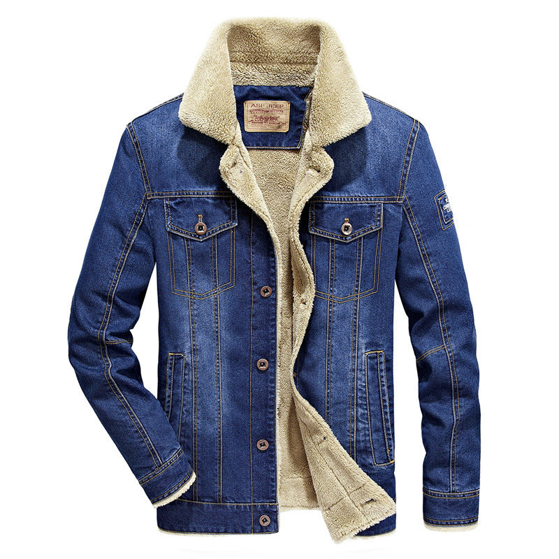 Men's jeans jacket with dense Sherpa lining, high collar, and utility pockets Chichicherry