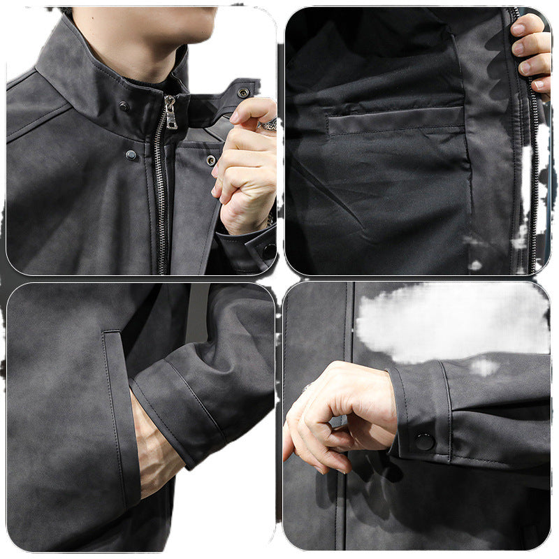 Herren Minimalistische Vintage-Kunstleder-Bomberjacke mit Stehkragen und verdeckter Druckknopfleiste Chichicherry