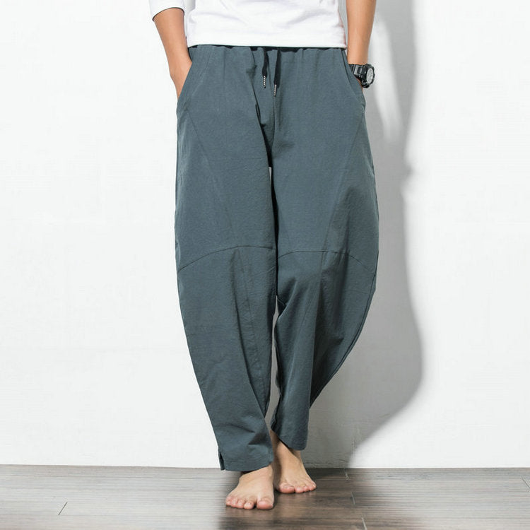 Men's loosely cut linen-cotton harem pants with drawstring and side pockets Chichicherry