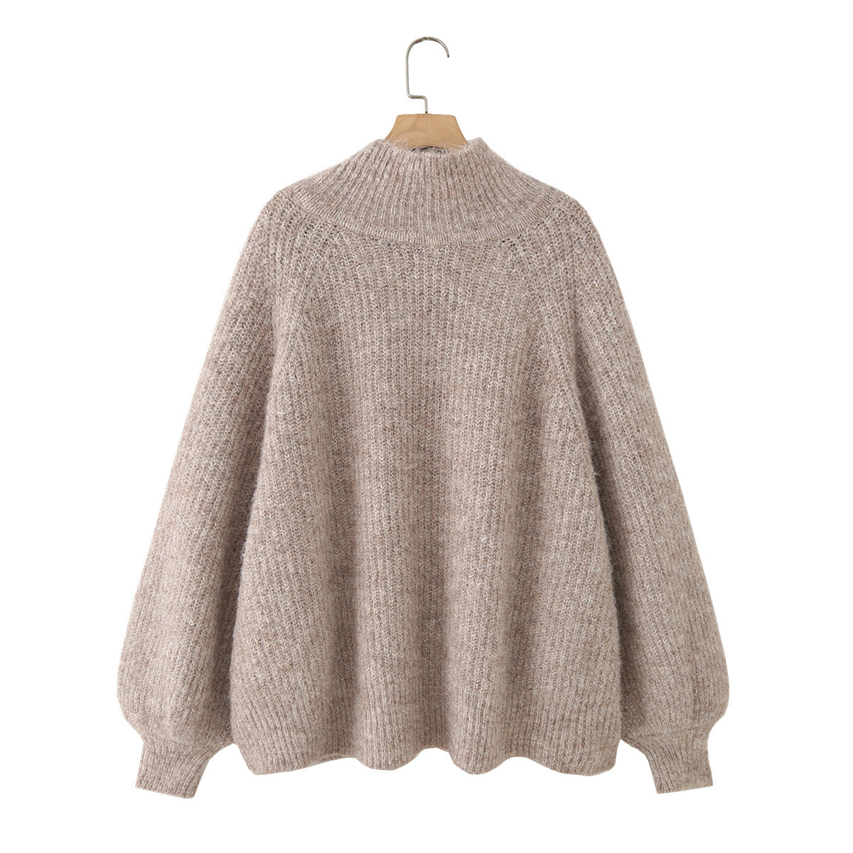Women Oversize Mohair-Optic Knit Sweater with Stand-Up Collar and Balloon Sleeves Chichicherry