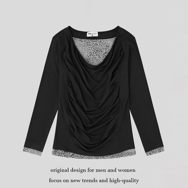 Women's Figure-Flattering Long Sleeve Shirt with Waterfall Draping and Animal Inside Lining Chichicherry