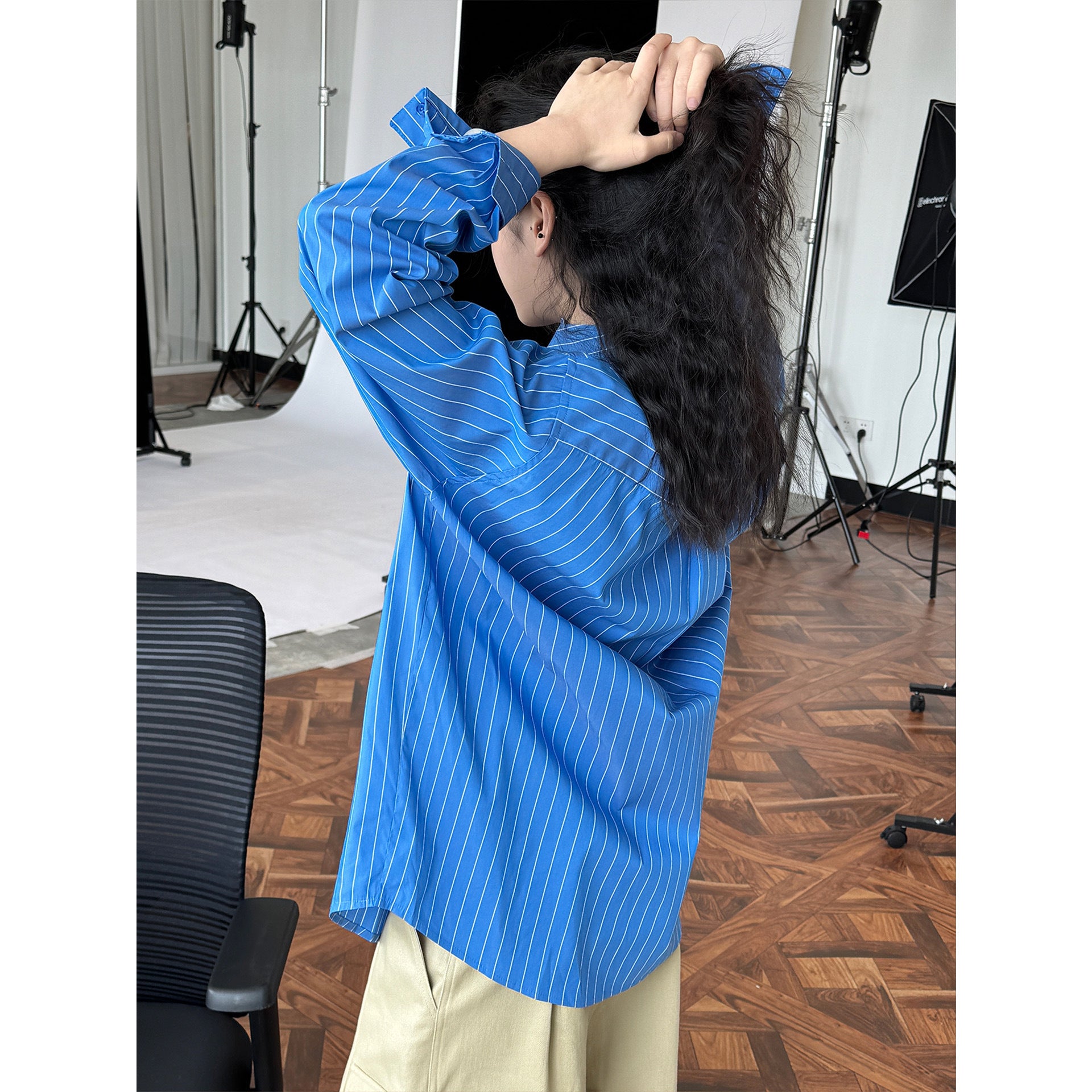 Women's oversized striped shirt blouse made of lightweight viscose blend with chest pocket Chichicherry